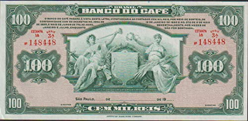 1890 BR LG RARE ORNATE BANCO DO CAFE (COFFEE BANK) BILL! 1 OF EARLIEST BANKS IN BRAZIL! HISTORIC! 100 MIL REIS Crisp Uncirculated w Negligible Edge Toning