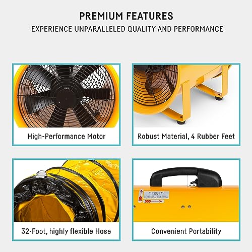 neverest Portable Blower Exhaust Fan 12 inch Strong Shop Ventilation Fan 4100 CFM 3050 RPM, 380 W, Construction Fan With Hose, Industrial Air Blower 7 FT Plug