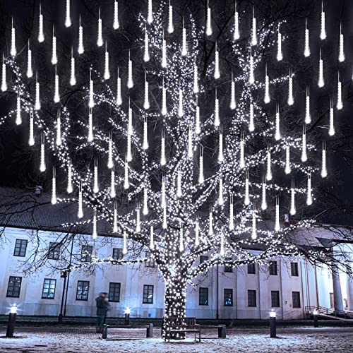 JMEXSUSS Solar String Lights Outdoor Waterproof, White Christmas Tree Lights, 8 Tube 144 LEDs Meteor Shower Rain Lights for Tree Wedding Xmas Holiday Party Patio Decoration