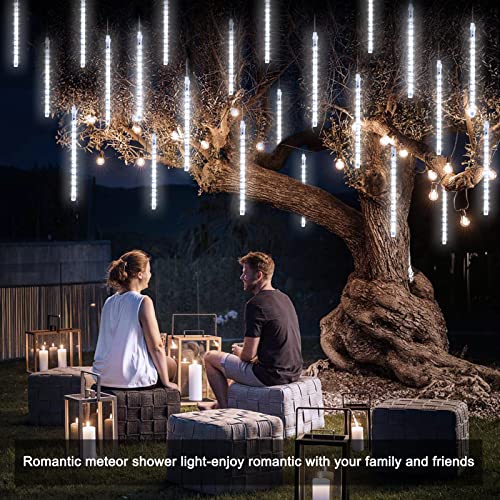 JMEXSUSS Solar String Lights Outdoor Waterproof, White Christmas Tree Lights, 8 Tube 144 LEDs Meteor Shower Rain Lights for Tree Wedding Xmas Holiday Party Patio Decoration