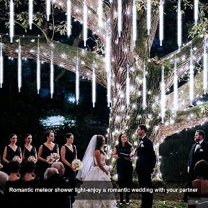 JMEXSUSS Solar String Lights Outdoor Waterproof, White Christmas Tree Lights, 8 Tube 144 LEDs Meteor Shower Rain Lights for Tree Wedding Xmas Holiday Party Patio Decoration