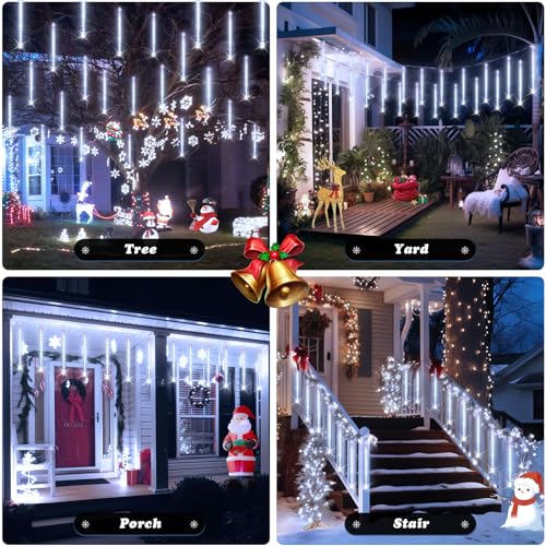 JMEXSUSS Solar String Lights Outdoor Waterproof, White Christmas Tree Lights, 8 Tube 144 LEDs Meteor Shower Rain Lights for Tree Wedding Xmas Holiday Party Patio Decoration