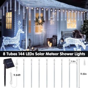 JMEXSUSS Solar String Lights Outdoor Waterproof, White Christmas Tree Lights, 8 Tube 144 LEDs Meteor Shower Rain Lights for Tree Wedding Xmas Holiday Party Patio Decoration