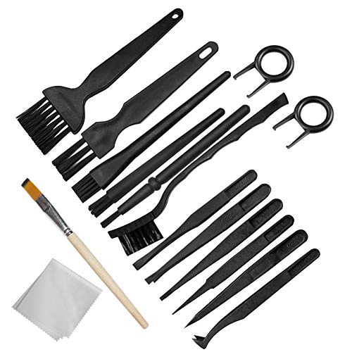 Plastic Handle Anti Static Brushes,Sonku Portable Nylon Cleaning Brushes and Tweezers Keyboard Puller Wooden Brush Wiping Cloth Computer Keyboard Cleaning Brush Kit(Set of 16)