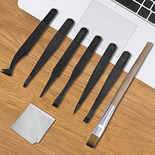 Plastic Handle Anti Static Brushes,Sonku Portable Nylon Cleaning Brushes and Tweezers Keyboard Puller Wooden Brush Wiping Cloth Computer Keyboard Cleaning Brush Kit(Set of 16)