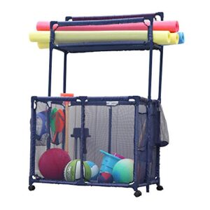 essentially yours pool noodles holder, toys, floats, balls, equipment mesh rolling double decker storage organizer bin, large with noodle holder, (35.3" w x 23" l x 59.4" h), blue style 561935