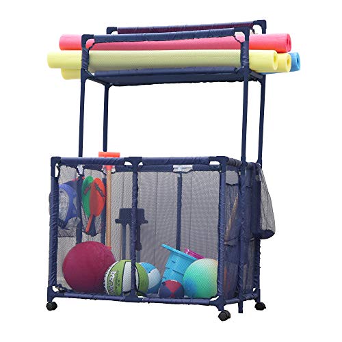 Essentially Yours Pool Noodles Holder, Toys, Floats, Balls, Equipment Mesh Rolling Double Decker Storage Organizer Bin, Large with Noodle Holder, (35.3" W x 23" L x 59.4" H), Blue Style 561935