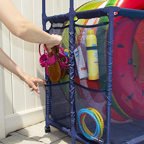 Essentially Yours Pool Noodles Holder, Toys, Floats, Balls, Equipment Mesh Rolling Double Decker Storage Organizer Bin, Large with Noodle Holder, (35.3" W x 23" L x 59.4" H), Blue Style 561935