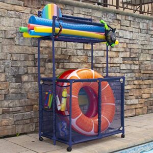 Essentially Yours Pool Noodles Holder, Toys, Floats, Balls, Equipment Mesh Rolling Double Decker Storage Organizer Bin, Large with Noodle Holder, (35.3" W x 23" L x 59.4" H), Blue Style 561935