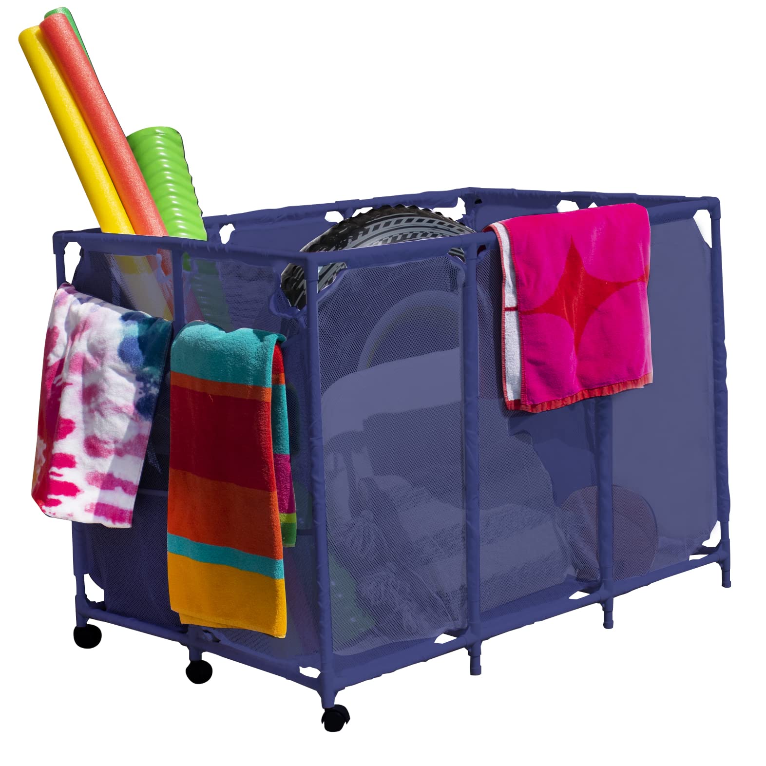 Essentially Yours Pool Noodles Holder, Toys, Floats, Balls and Floats Equipment Mesh Rolling Storage Organizer Bin, Extra-Large, (47.2" W x 30.2" L x 34" H), Blue Style 455119