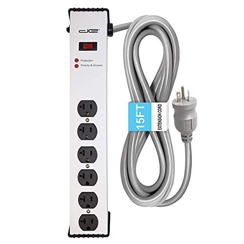 Digital Energy 20 Amp 6-20/T- Slot Plug | 15-Ft Cord - 900 Joule Surge Protector | 6-Outlet, Heavy Duty Steel Body Power Strip