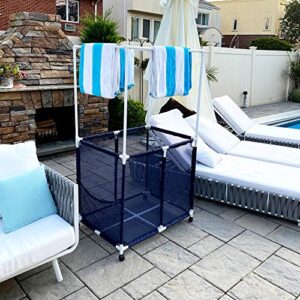 Essentially Yours Pool Equipment Holder with Towel Drying Bars, Mesh Rolling Pool Storage Organizer Bin, Extra Large with Towel Hanger, (34.5" W x 25" L x 62.6" H), Blue/White Style 418566