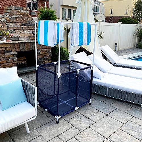 Essentially Yours Pool Equipment Holder with Towel Drying Bars, Mesh Rolling Pool Storage Organizer Bin, Extra Large with Towel Hanger, (34.5" W x 25" L x 62.6" H), Blue/White Style 418566