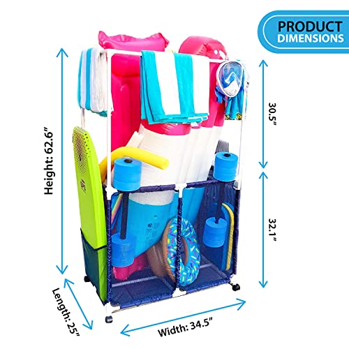 Essentially Yours Pool Equipment Holder with Towel Drying Bars, Mesh Rolling Pool Storage Organizer Bin, Extra Large with Towel Hanger, (34.5" W x 25" L x 62.6" H), Blue/White Style 418566