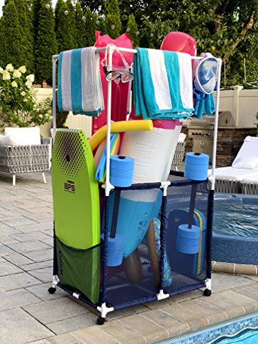 Essentially Yours Pool Equipment Holder with Towel Drying Bars, Mesh Rolling Pool Storage Organizer Bin, Extra Large with Towel Hanger, (34.5" W x 25" L x 62.6" H), Blue/White Style 418566