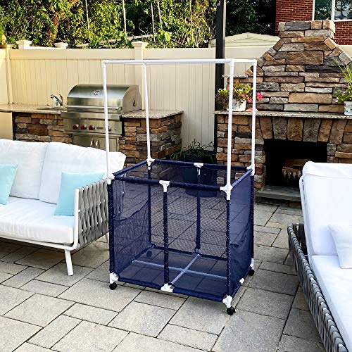 Essentially Yours Pool Equipment Holder with Towel Drying Bars, Mesh Rolling Pool Storage Organizer Bin, Extra Large with Towel Hanger, (34.5" W x 25" L x 62.6" H), Blue/White Style 418566