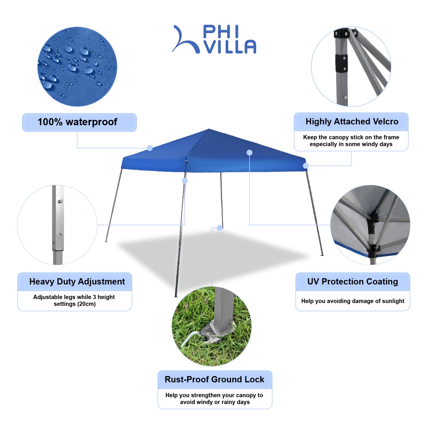 PHI VILLA 12'x12' Slant Leg UV Block Sun Shade Canopy with Hardware Kits, Shade for Patio Outdoor Garden Events, Blue