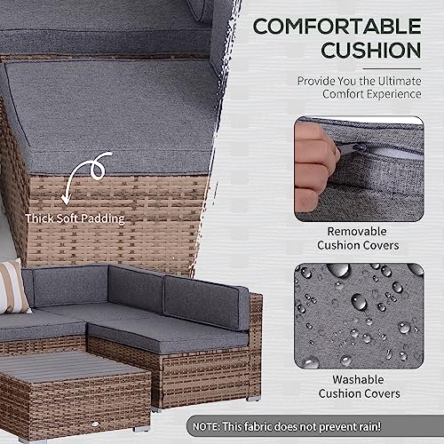 Outsunny 7-Piece Patio Furniture Set, Outdoor Wicker Conversation Set, All Weather PE Rattan Sectional Sofa Set with Cushions and Faux Wood Table, Stripe Pillows, Gray