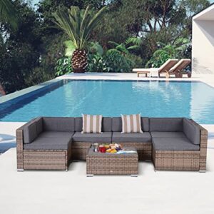 Outsunny 7-Piece Patio Furniture Set, Outdoor Wicker Conversation Set, All Weather PE Rattan Sectional Sofa Set with Cushions and Faux Wood Table, Stripe Pillows, Gray