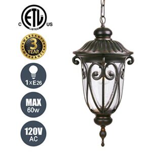 GOALPLUS Outdoor Pendant Light Fixture for Porch, 20 1/2" High Antique Bronze Hanging Patio Light Fixture, Exterior Waterproof Ceiling Hanging Lantern with Clear Seeded Glass, LMP0519-M