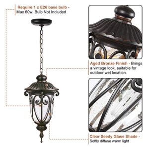 GOALPLUS Outdoor Pendant Light Fixture for Porch, 20 1/2" High Antique Bronze Hanging Patio Light Fixture, Exterior Waterproof Ceiling Hanging Lantern with Clear Seeded Glass, LMP0519-M