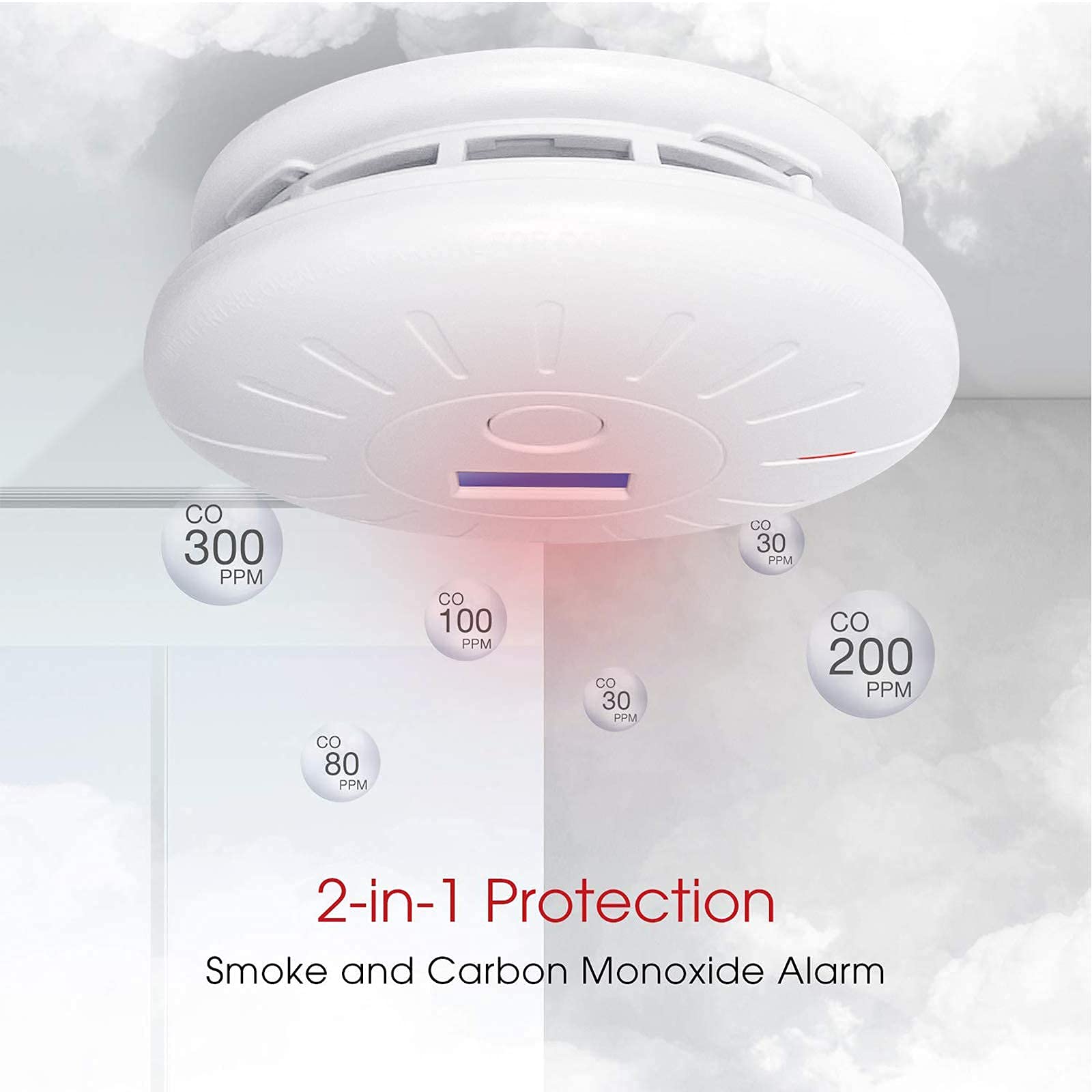 2 Pack 10 Year Battery Operated Smoke and Carbon Monoxide Detector, Portable Fire Co Alarm for Home and Kitchen (White)