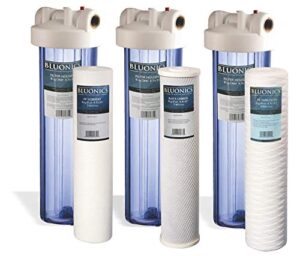 bluonics triple whole house water filter for city & well water 3 stage home water filtration system with 4.5" x 20" sediment and carbon filters. 1 inch inlet outlet connections