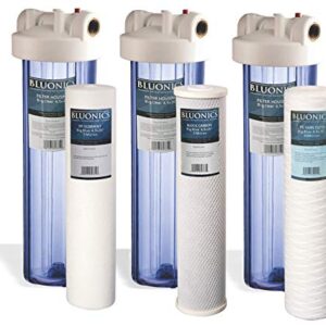 Bluonics Triple Whole House Water Filter for City & Well Water 3 Stage Home Water Filtration System with 4.5" x 20" Sediment and Carbon Filters. 1 Inch Inlet Outlet Connections