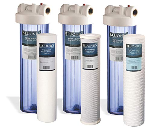 Bluonics Triple Whole House Water Filter for City & Well Water 3 Stage Home Water Filtration System with 4.5" x 20" Sediment and Carbon Filters. 1 Inch Inlet Outlet Connections