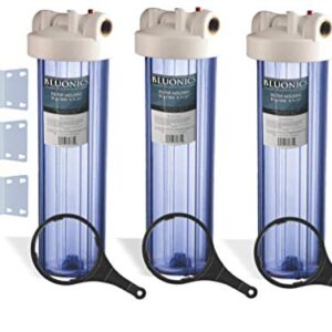 Bluonics Triple Whole House Water Filter for City & Well Water 3 Stage Home Water Filtration System with 4.5" x 20" Sediment and Carbon Filters. 1 Inch Inlet Outlet Connections