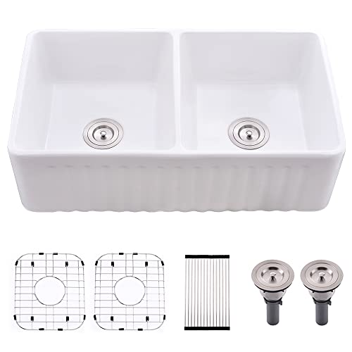 33 Inch Double Bowl Farmhouse Sink White -Bokaiya 33x18 Inch Fireclay Apron Front Double Bowl Kitchen Sink Porcelain Ceramic Reversible 50/50 Double Bowl Farm Sink