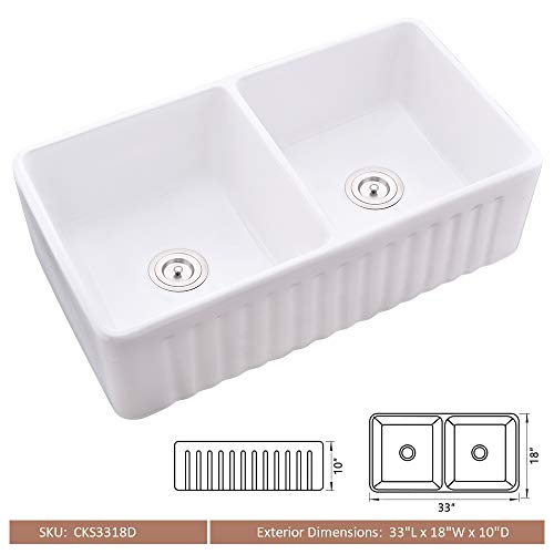 33 Inch Double Bowl Farmhouse Sink White -Bokaiya 33x18 Inch Fireclay Apron Front Double Bowl Kitchen Sink Porcelain Ceramic Reversible 50/50 Double Bowl Farm Sink