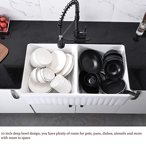 33 Inch Double Bowl Farmhouse Sink White -Bokaiya 33x18 Inch Fireclay Apron Front Double Bowl Kitchen Sink Porcelain Ceramic Reversible 50/50 Double Bowl Farm Sink