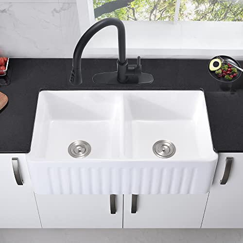 33 Inch Double Bowl Farmhouse Sink White -Bokaiya 33x18 Inch Fireclay Apron Front Double Bowl Kitchen Sink Porcelain Ceramic Reversible 50/50 Double Bowl Farm Sink