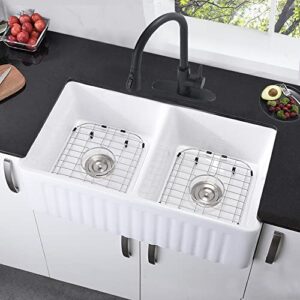 33 Inch Double Bowl Farmhouse Sink White -Bokaiya 33x18 Inch Fireclay Apron Front Double Bowl Kitchen Sink Porcelain Ceramic Reversible 50/50 Double Bowl Farm Sink