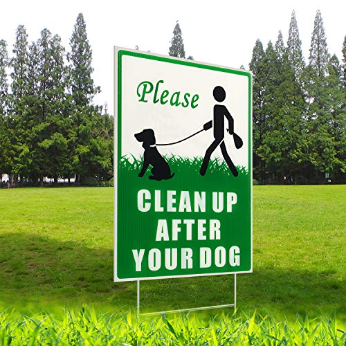 HISVISION Please Clean Up After Your Dog 2 Pack, 12" x 9" Yard Sign with Metal Wire H-Stakes, UVresistance, Waterproof, Non-Fading, Easy to Install No Pooping Dog Lawn Sign- Double Sided