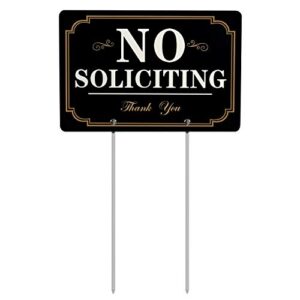 hisvision no soliciting sign for yard, 12 x 8 inches aluminum metal sign with long metal stakes uvresistance, waterproof, non-fading, easy to install, for home house and business