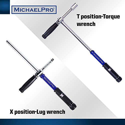 MichaelPro MP001002 Click Through Torque Wrench - 1/2 Inch Dr with 3 Sockets (11/16", 3/4", 13/16" / 17-19-21 mm) with Precise Micro Adjustment - 2in1 with Lug Wrench for Automotive and Changing Tires