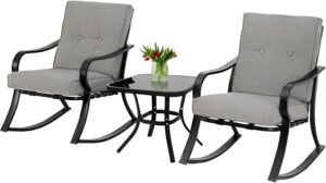 incbruce 3 piece patio bistro set outdoor rocking chairs set, porch patio chairs set of 2 with coffee table (gray thickened cushion)