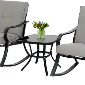 Incbruce 3 Piece Patio Bistro Set Outdoor Rocking Chairs Set, Porch Patio Chairs Set of 2 with Coffee Table (Gray Thickened Cushion)