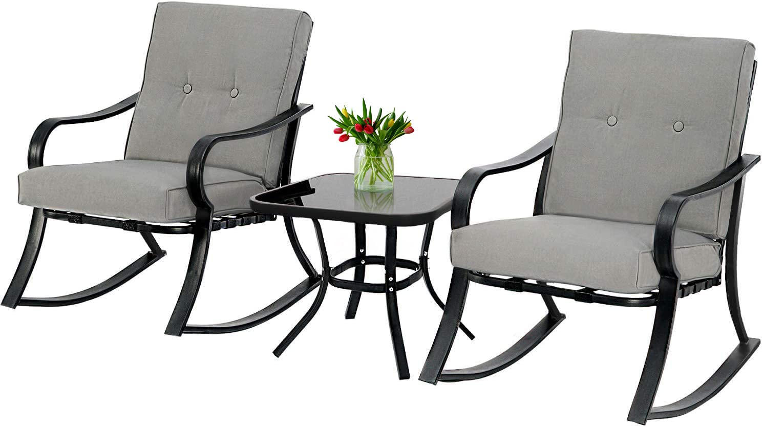 Incbruce 3 Piece Patio Bistro Set Outdoor Rocking Chairs Set, Porch Patio Chairs Set of 2 with Coffee Table (Gray Thickened Cushion)