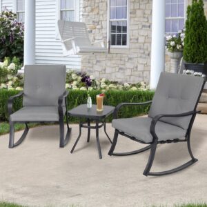 Incbruce 3 Piece Patio Bistro Set Outdoor Rocking Chairs Set, Porch Patio Chairs Set of 2 with Coffee Table (Gray Thickened Cushion)