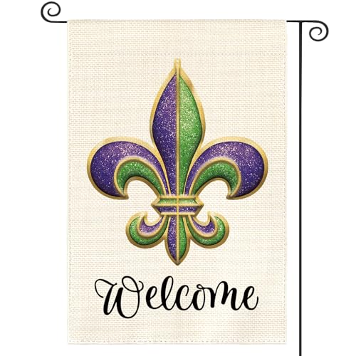 AVOIN Welcome Fleur de Lis Garden Flag Vertical Double Sided, Holiday Party Mardi Gras Yard Outdoor Decoration 12x18 Inch