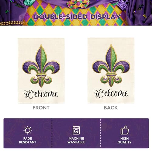 AVOIN Welcome Fleur de Lis Garden Flag Vertical Double Sided, Holiday Party Mardi Gras Yard Outdoor Decoration 12x18 Inch