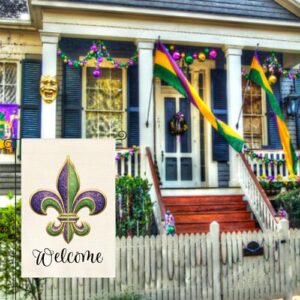 AVOIN Welcome Fleur de Lis Garden Flag Vertical Double Sided, Holiday Party Mardi Gras Yard Outdoor Decoration 12x18 Inch