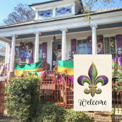 AVOIN Welcome Fleur de Lis Garden Flag Vertical Double Sided, Holiday Party Mardi Gras Yard Outdoor Decoration 12x18 Inch