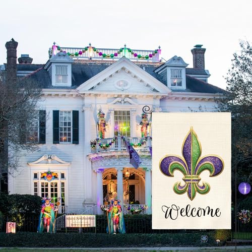 AVOIN Welcome Fleur de Lis Garden Flag Vertical Double Sided, Holiday Party Mardi Gras Yard Outdoor Decoration 12x18 Inch