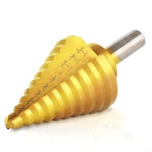 amoolo titanium step drill bit (10 step), 1/4" to 1-3/8", high speed steel (hss) 1/4" hex shank unibit for soft metal sheet, wood, plastic, multiple hole drilling cone drill bit