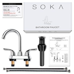 SOKA Two Handles Centerset Bathroom Faucet For Sink High Arc Stainless Steel With Deck Plate & Pop-Up Drain Assembly Fit 3 Hole Installation, Chrome (SK18001C)