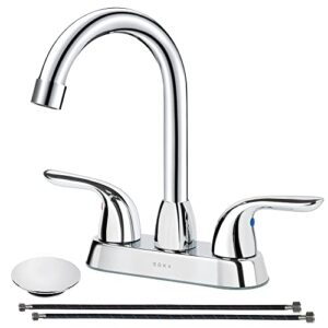 SOKA Two Handles Centerset Bathroom Faucet For Sink High Arc Stainless Steel With Deck Plate & Pop-Up Drain Assembly Fit 3 Hole Installation, Chrome (SK18001C)